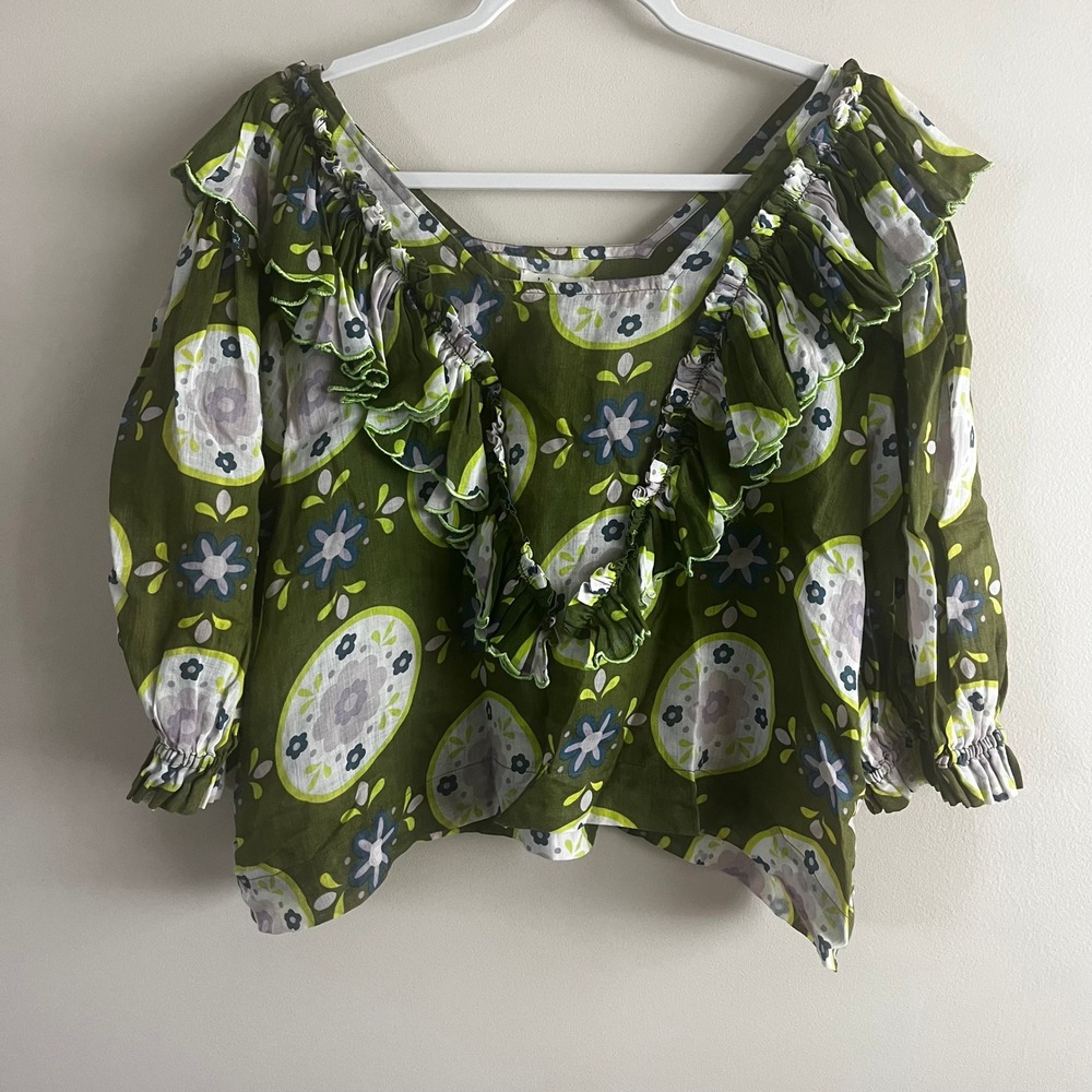 Innika Choo ruffle blouse L olive green floral boho whimsical maximalist